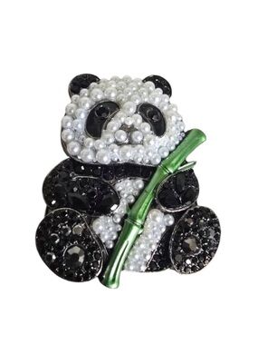 Panda Brooch with Black Rhinestones and Faux Pearls - New!